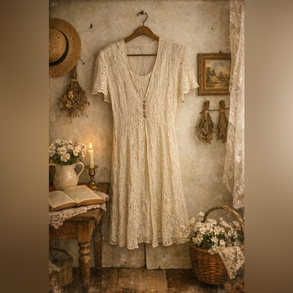 Vintage America Dresses & Skirts - Vintage 90s Ivory Lace Midi Dress Pearl Buttons Cottagecore XL